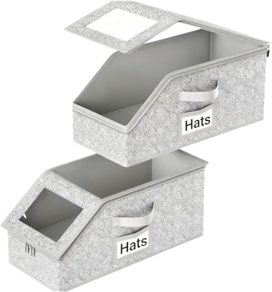 Space-Saving Hat Box with Clear Window Zipper Lid 2-Pack Stackable Closet Hat Organizer for Baseball Caps 16.5*9*7 Inches Grey