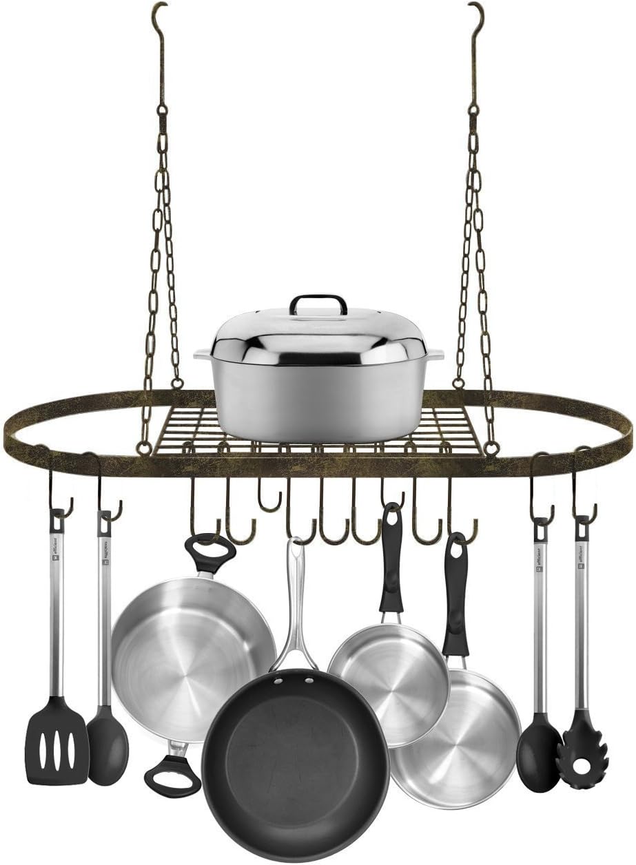 Sorbus® Pot and Pan Rack for Ceiling with Hooks — Decorative Oval Mounted Storage Rack — Multi-Purpose Organizer for Home, Restaurant, Kitchen Cookware, Utensils, Books, Household (Rustic)