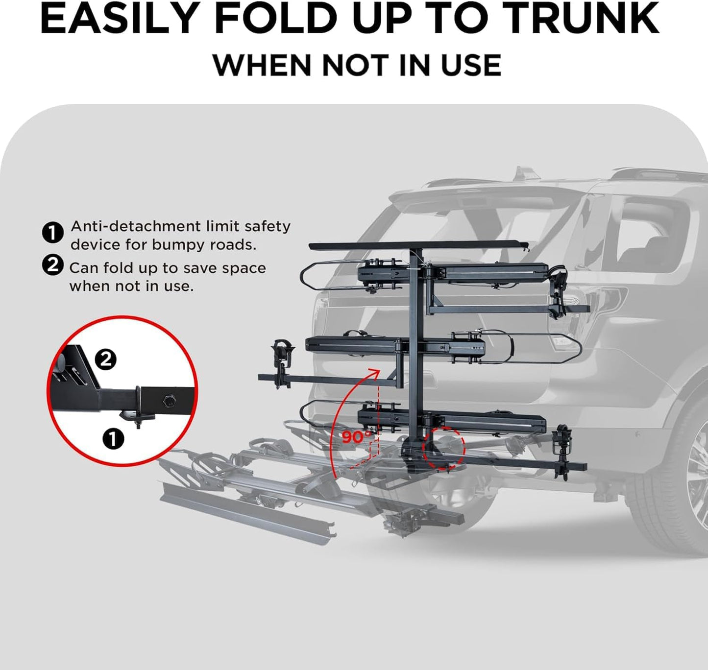 RokRack T One Foldable 3-Ebike Rack with Ramp, 250 lbs Capacity, Hitch Mount Electric Bike Rack, Fits up to 5" Fat Tire Width and 50" Wheelbase, Ebike Carrier Rack for 2" Receiver for Cars SUVs Vans