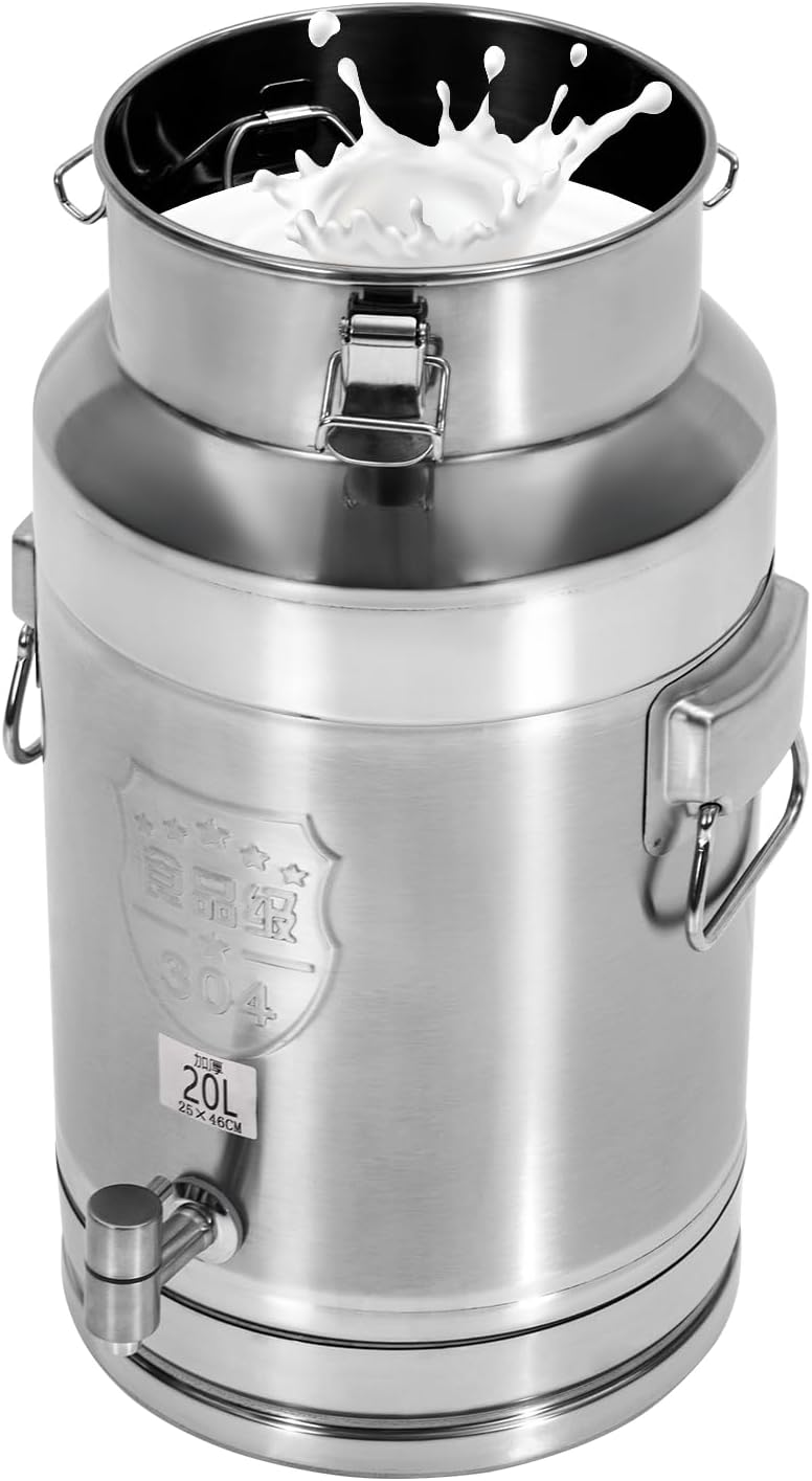Milk Can Barrel Stainless Steel Beverage Drink Dispenser Large Capacity Storage Bucket Container with Faucet and Handles for Milk Coffee Wine Oil Rice Cereals Water (20L/5.28Gal)