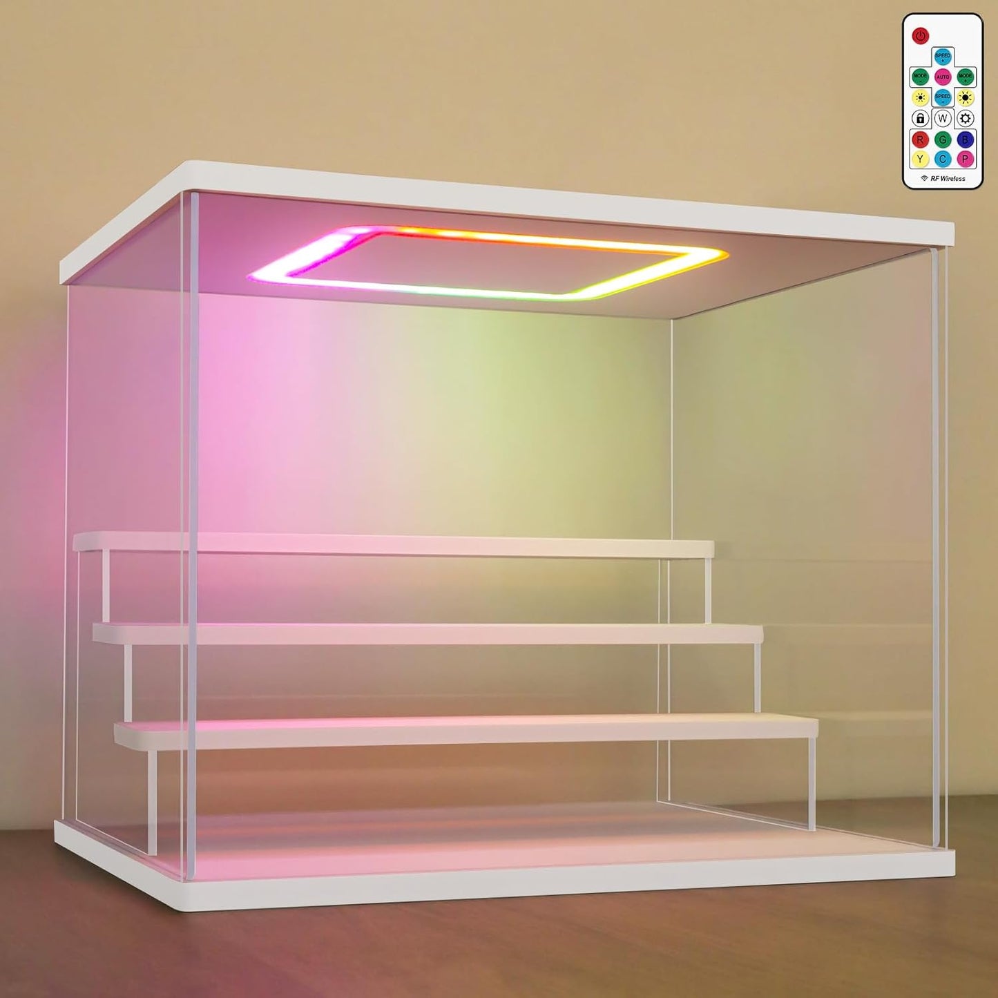 NONEMEY Clear Acrylic Display Case with Light ,3/4/5/6 Tier Multiple Color Lights via Remote Control Dustproof Display Box for Collectibles Figures Mini Toys (4Tier 12.4*9.6*10.4inch)