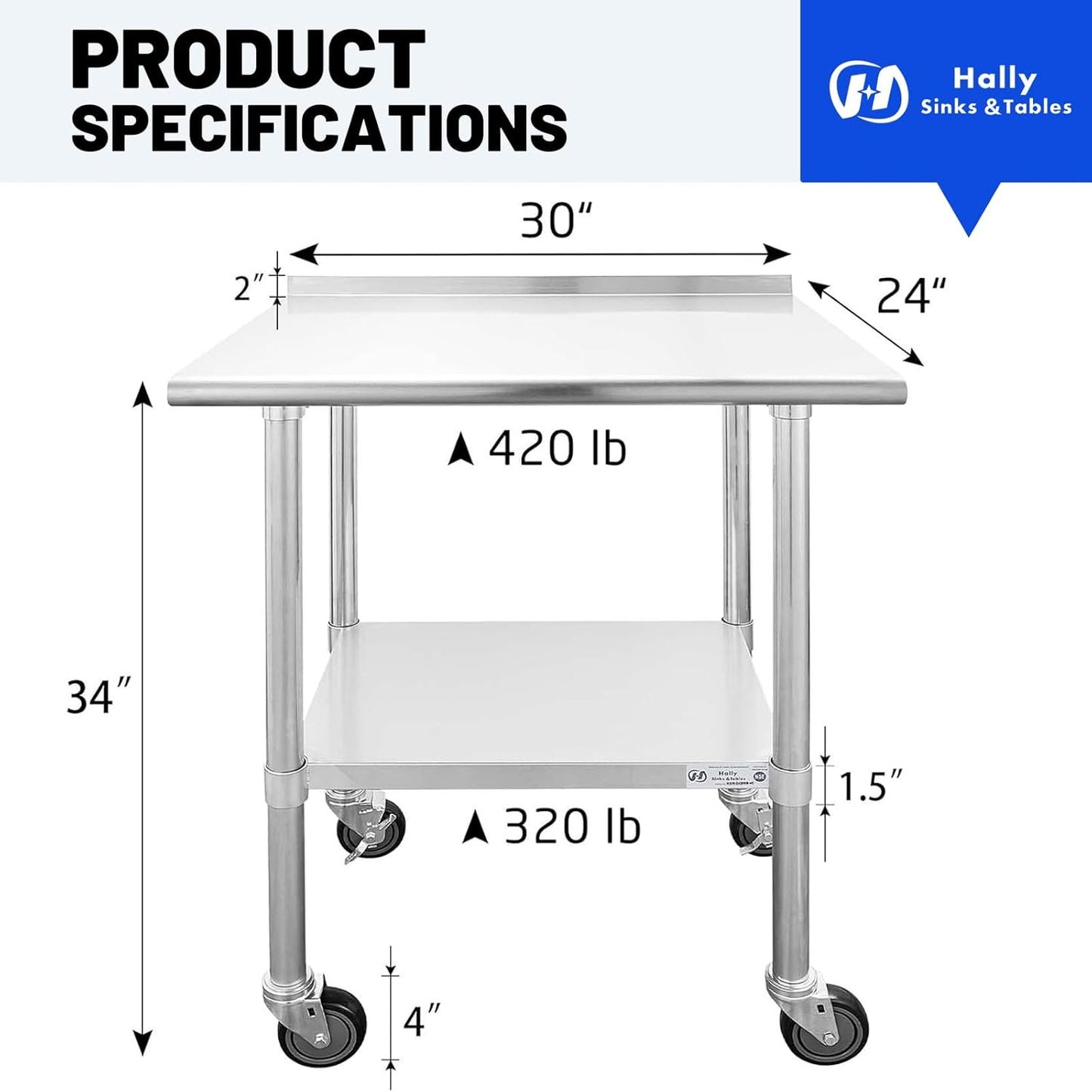 Hally Stainless Steel Table for Prep & Work 24 x 30 Inches with Caster Wheels, NSF Commercial Heavy Duty Table with Undershelf and Backsplash for Restaurant, Home and Hotel