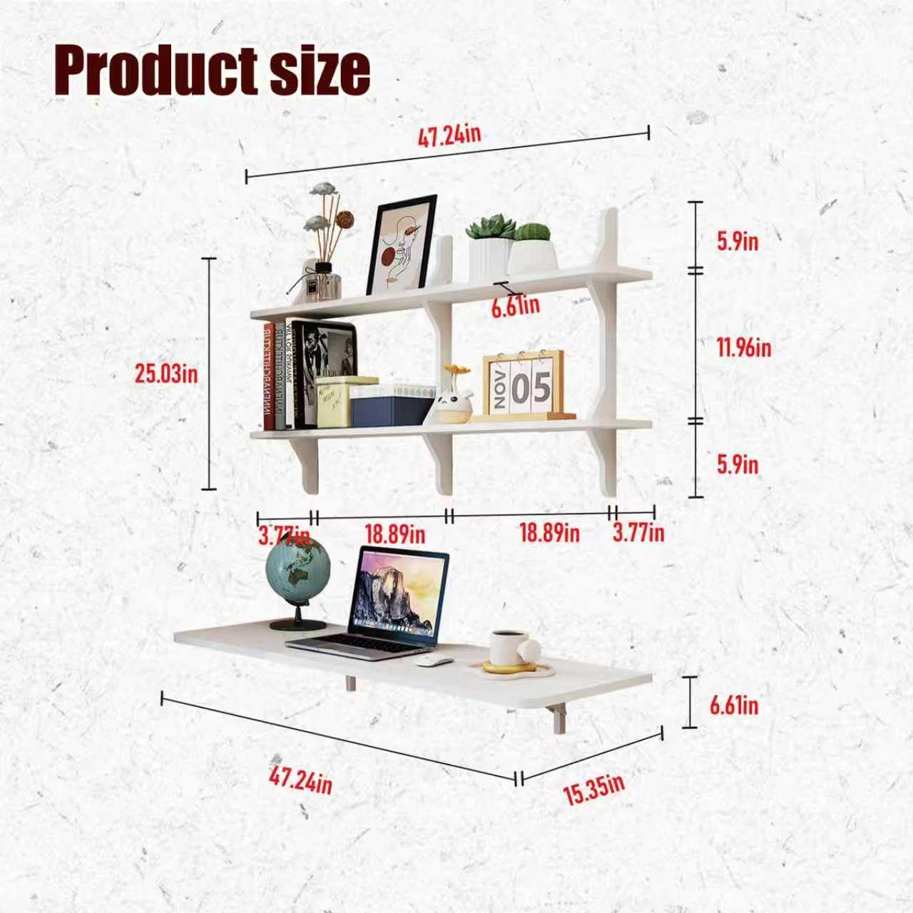 Pmnianhua Wall Mounted Folding Table, 47'' Floating Laptop Desk with Shelves, Foldable Drop Leaf Table, Wall Mount Fold Down Table for Laundry Room Kitchen Bar Home Office Small Space(White)
