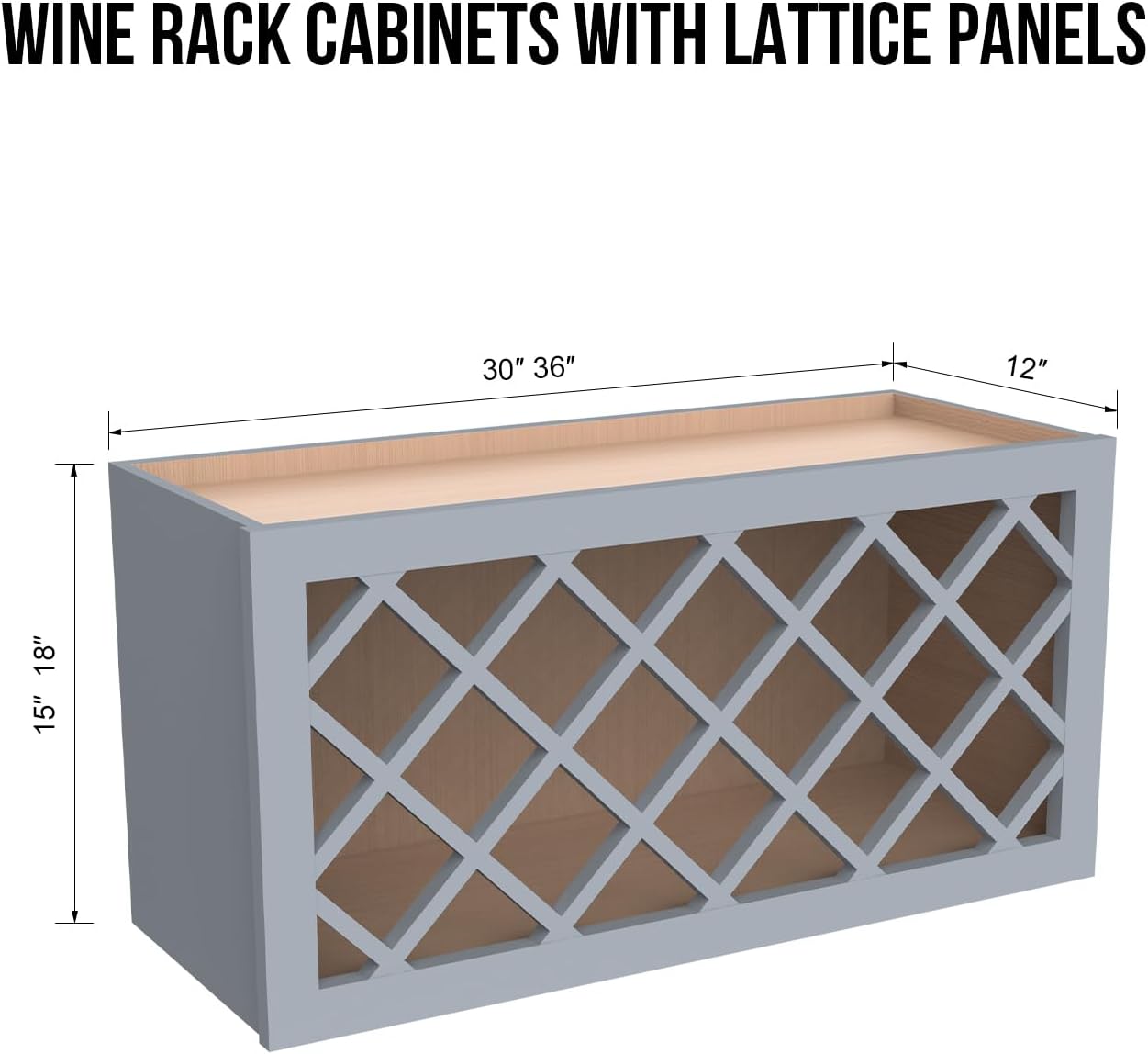 Solid Wood RTA Wine Bottle Rack Wall Cabinet with Lattice Panels Wine Holder Wine Storage Cabinet for Bar, Pantry, Wine Cellar Basement Countertop Mocha (Gray, 36”W × 12”D × 15”H), Sk-grey