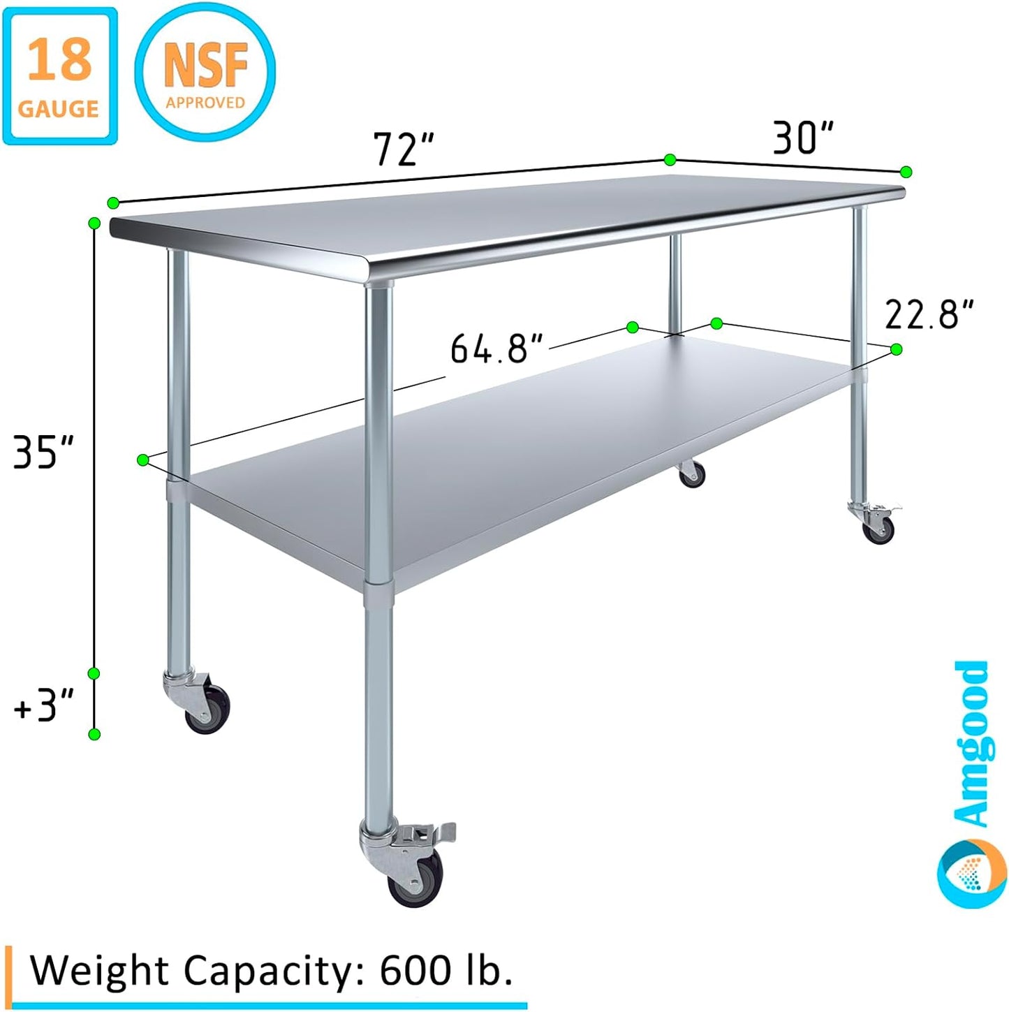 AmGood 30" x 72" Stainless Steel Work Table with Casters | Heavy Duty Metal Utility Table On Wheels | Kitchen Island Cart