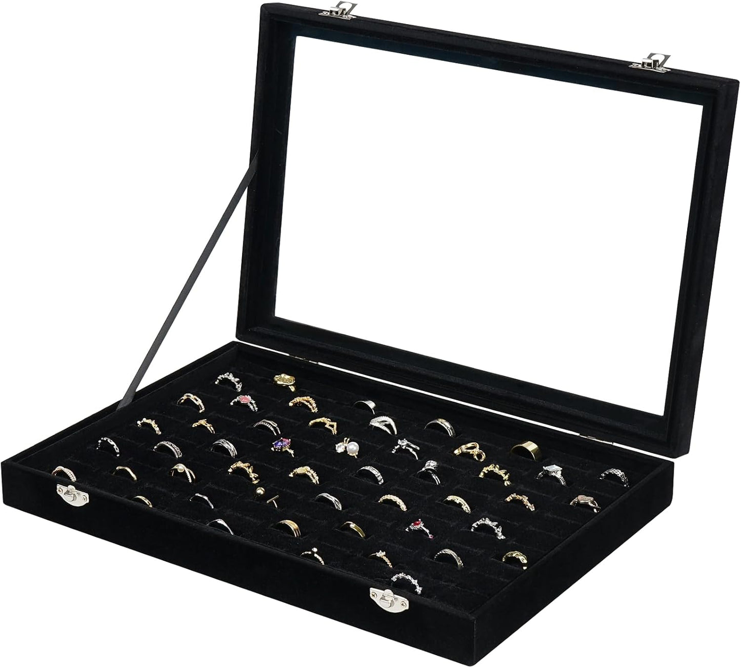 Ring Organizer for Jewelry, Ring Holder Box with Clear Lid, Dustproof Velvet Rings Display Tray Storage Case, 100 Slot Glass Top Jewelry Tray Drawer Insert for Multiple Rings Studs Earring (Black)