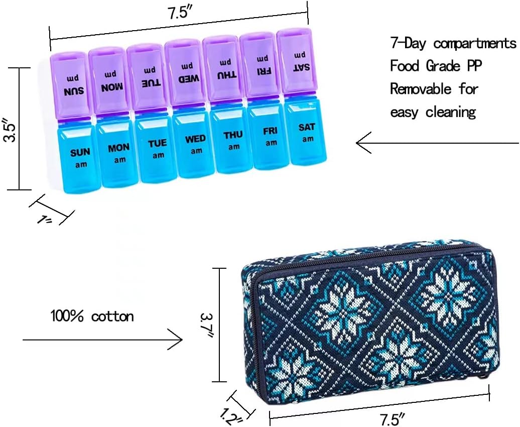 Weekly Pill Organizer 2 Times a Day, Zumd Pill Box 7 Day with Cute Quilted Fabric Zipper Case, Travel Pill Case Am Pm for Vitamin Medicine Organizer