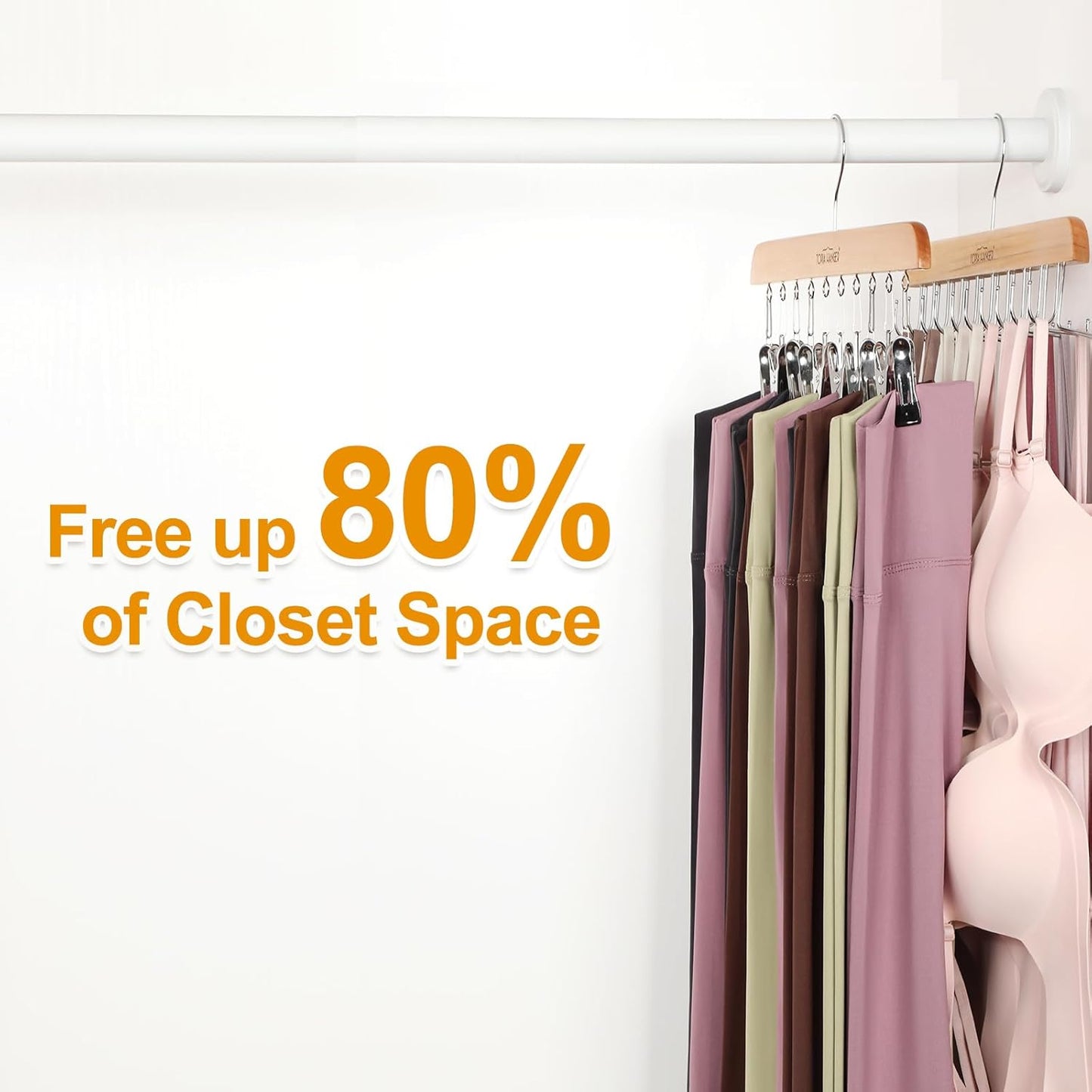 TOPIA HANGER 2 Pack Bra Hanger with Leggings Organizer, 2-in-1 Space Saving Hangers Neatly Store Max 20 Bras and 10 Leggings, Pants Jeans Shorts Skirt Tank Top Hanger for Closet Women Natural CT76N