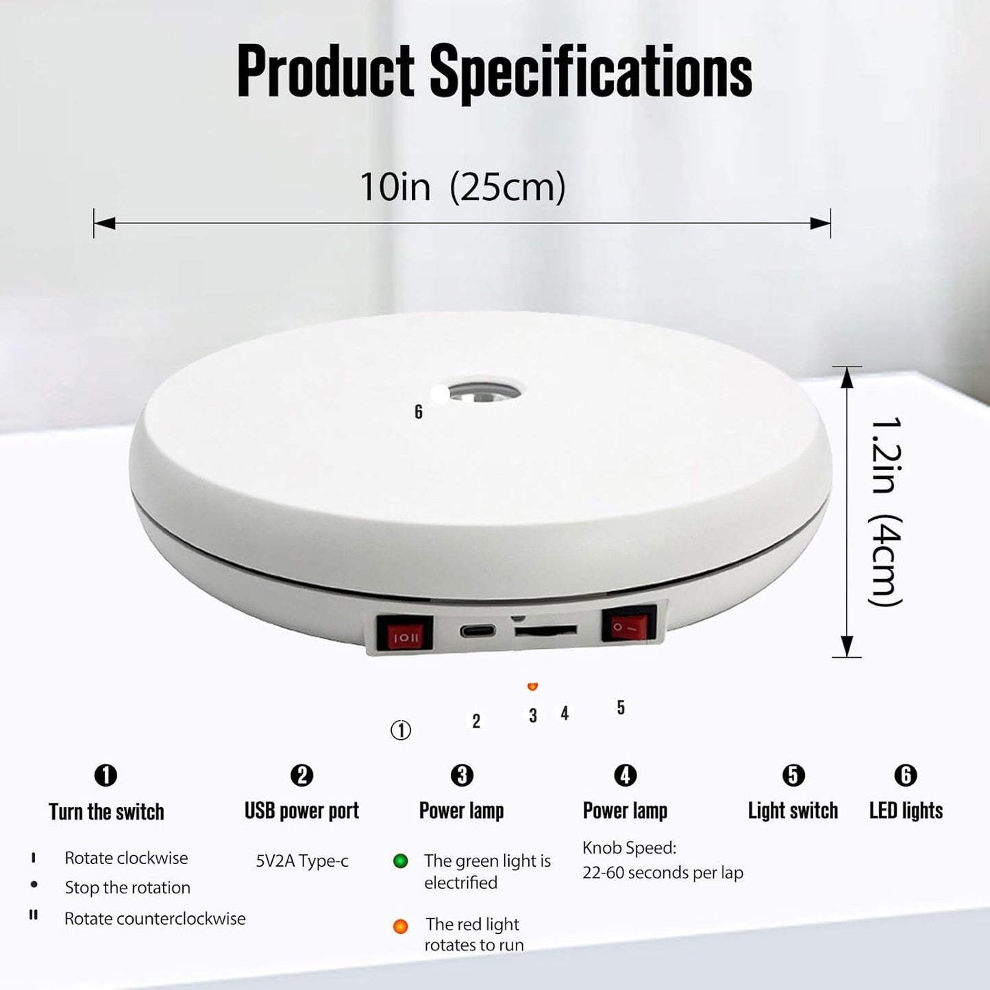 JAYEGT Motorized Rotating Display Stand with LED Light , 10 inch /55lbs Load, 360 Degree Electronic Photography Turntable for Products Shows, Jewelry, Crystal Art ，Watch, 3D Models (White / 5 Colors