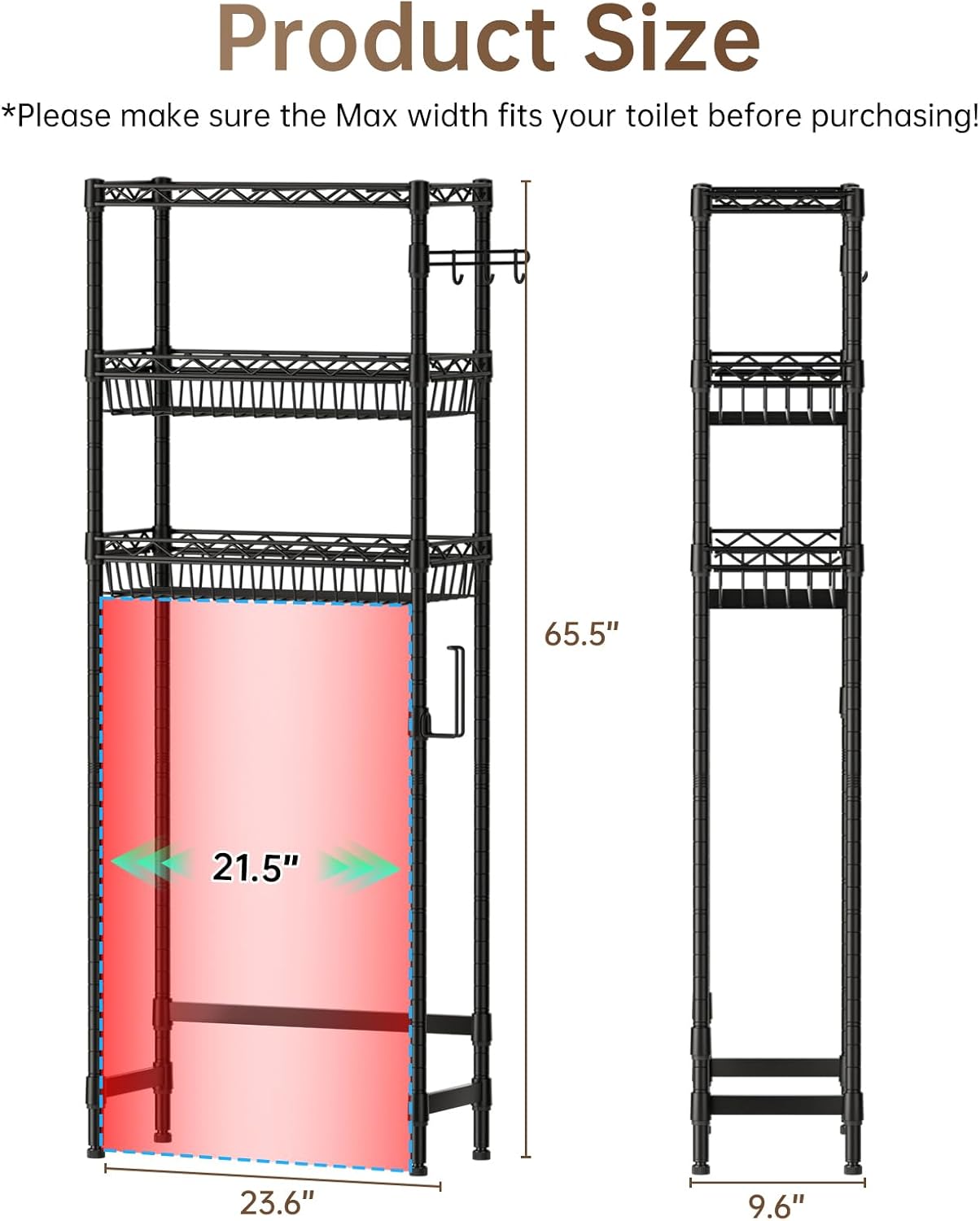 3-Tier Over-The-Toilet Storage Shelf,Heavy-Duty Adjustable Bathroom Rack with 2 Mesh Baskets,Toilet Paper Holder & Hooks,Space-Saving Organizer for Bathroom,10”D x 24”W x 66”H,Black