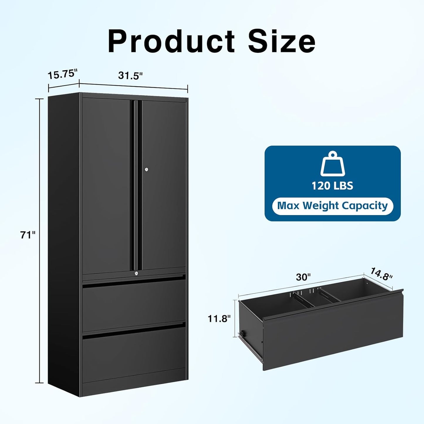 2-Drawer Metal File Cabinet, Lateral Vertical Filing Cabinets for Home Office, Locking File Cabinet with Storage Shelves, Legal/Letter/A4 Size Office File Cabinets (Black, Assemble Required)