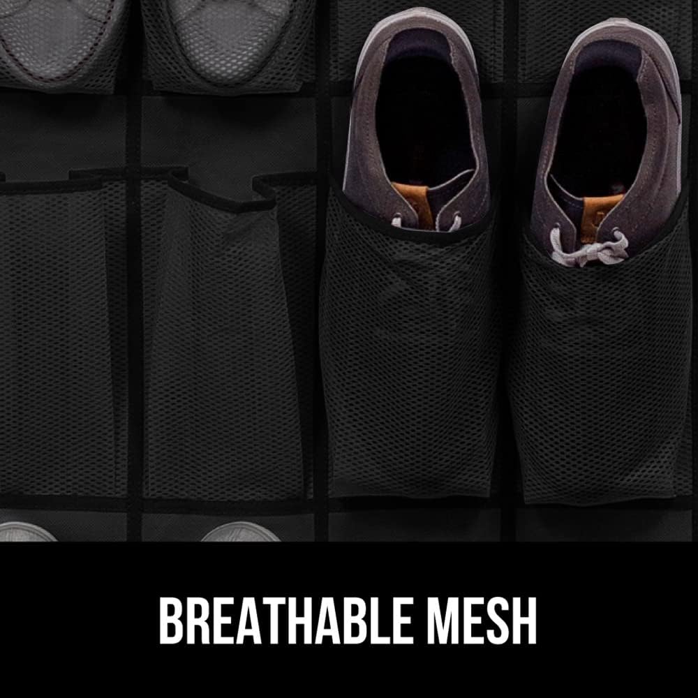 GORILLA GRIP Over the Door Shoe Organizer, 24 Extra Large Breathable Mesh Pockets, Space Saving Hanging Storage Holder, 4 Hook Closet Rack Hanger, Hangs on Closets for Shoes and Accessories, Black