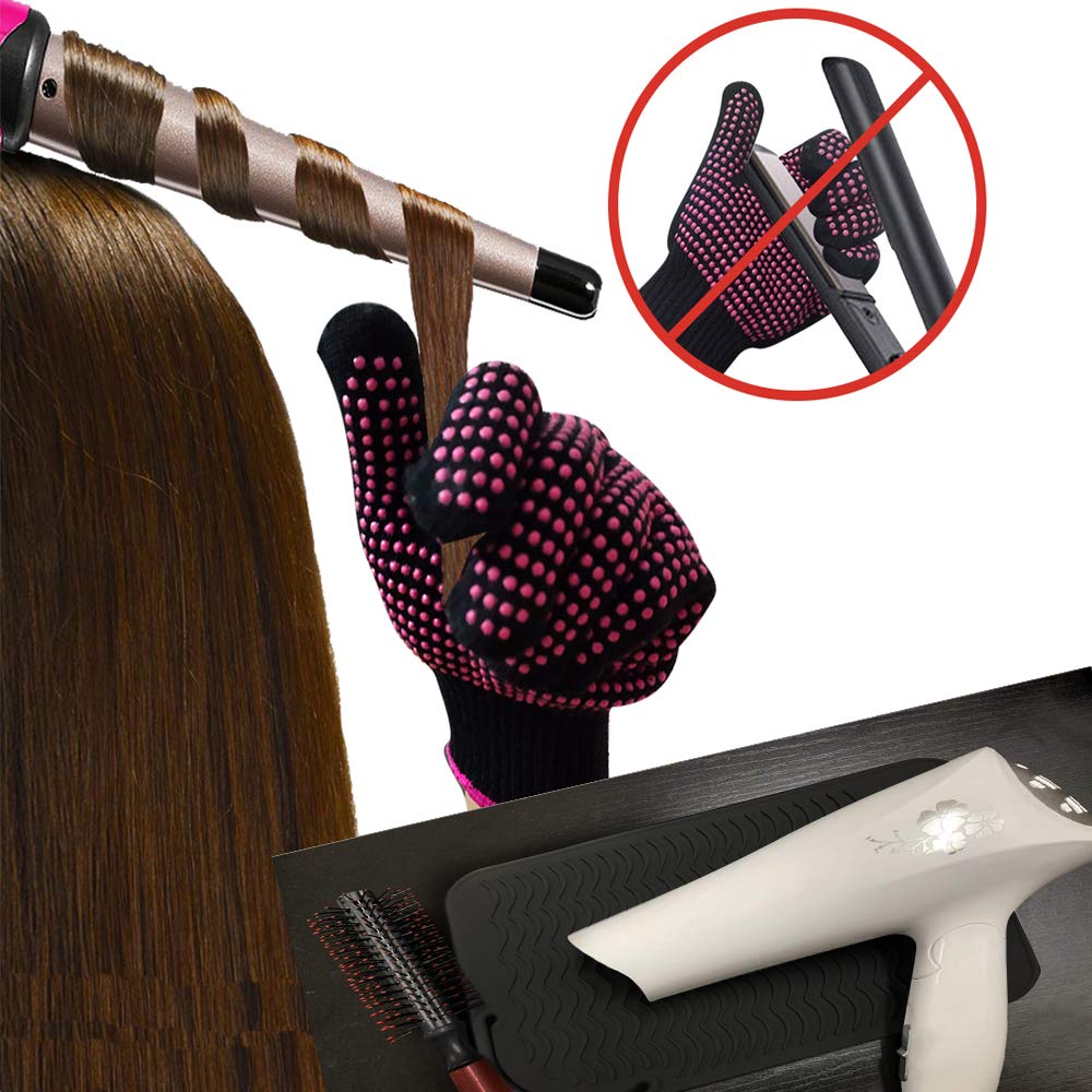 Heat Resistant Silicone Glove and Mat Set for Curling Iron, Hair Straightener, Flat Irons - 9" x 6.5" Food Grade Silicone Mat, Black