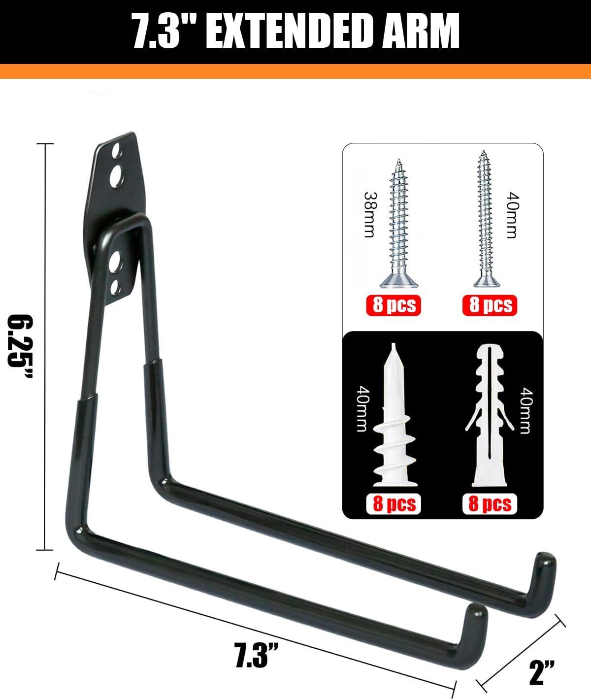 WMK Garage Hooks 4 Pack Wall Storage Hooks Heavy Duty Steel Tool Hangers for Utility Organizer, Wall Mount Holders for Garden Lawn Tools, Ladders, Bike (Black)