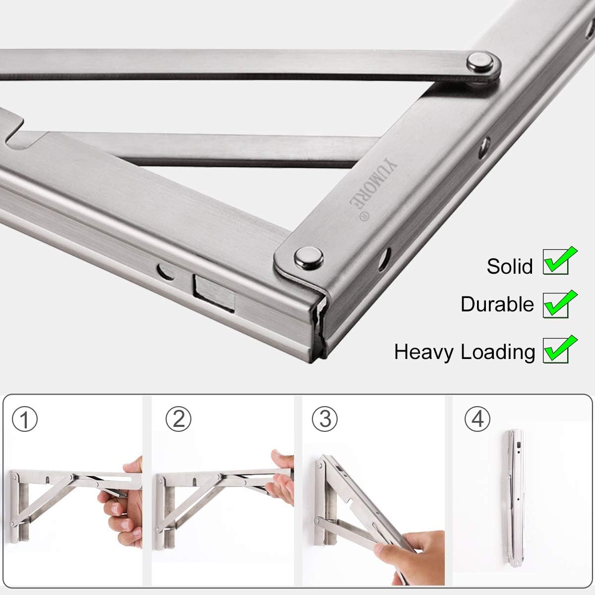 YUMORE Folding Shelf Bracket 14",Heavy Duty Stainless Steel Collapsible Shelf-Bracket Max Load 330lbs Wall Mounted Table Support Hinge for Space-Saving DIY Work Bench with Install Screws, Pack of 2