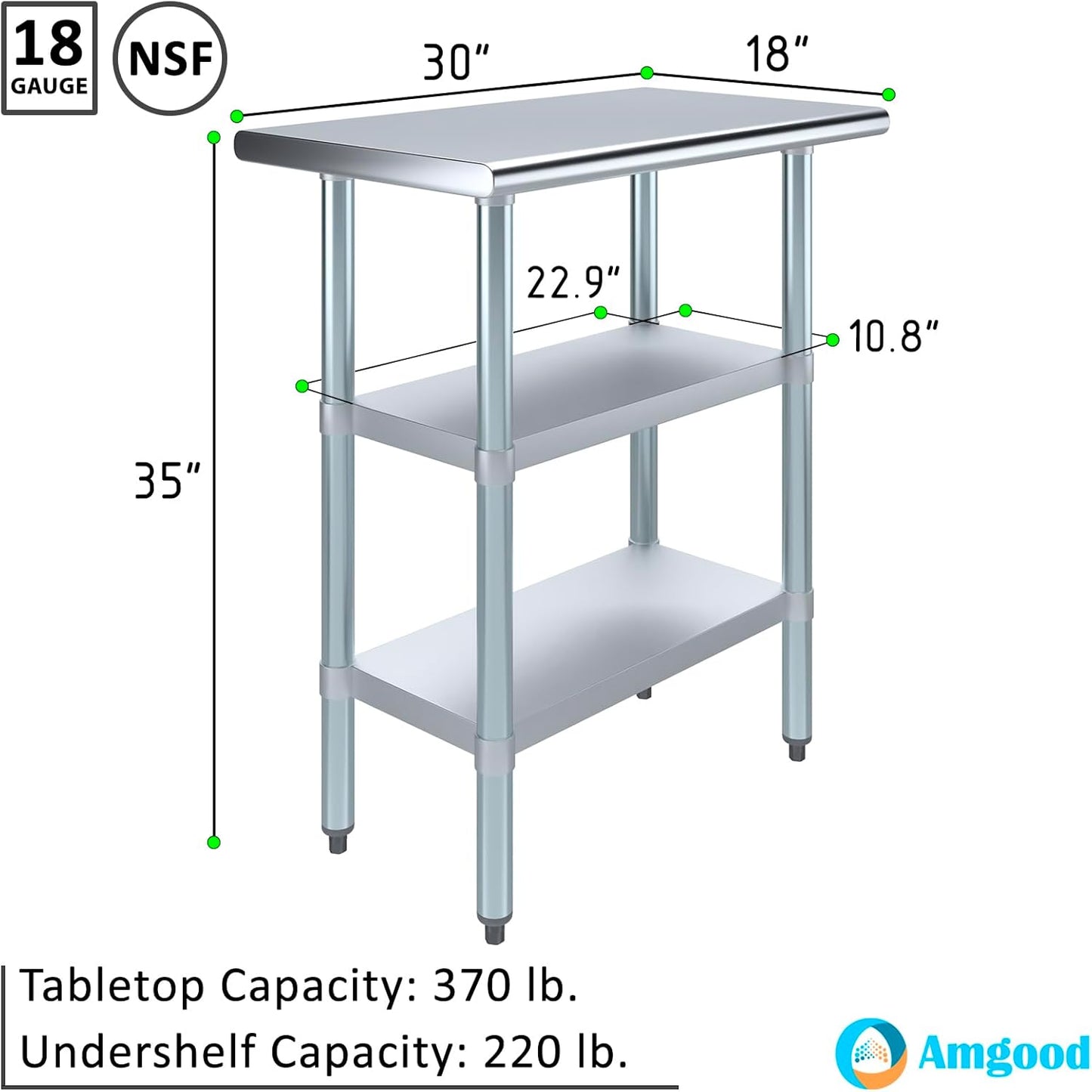 AmGood Stainless Steel Work Table with 2 Shelves | NSF | Metal Utility Table (30" Long x 18" Deep)