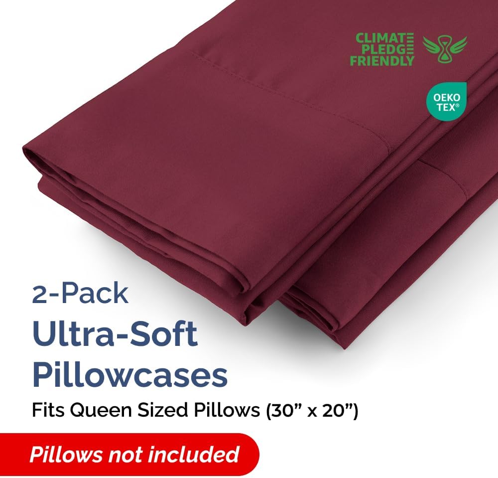 Queen Pillow Cases - 2 Pack - Super Soft Pillowcase Covers - Envelope Enclosure - Hotel Quality Pillow Protectors - Wrinkle Free, Shrink and Stain Resistant - Machine Washable - 20" x 30" (Burgundy)