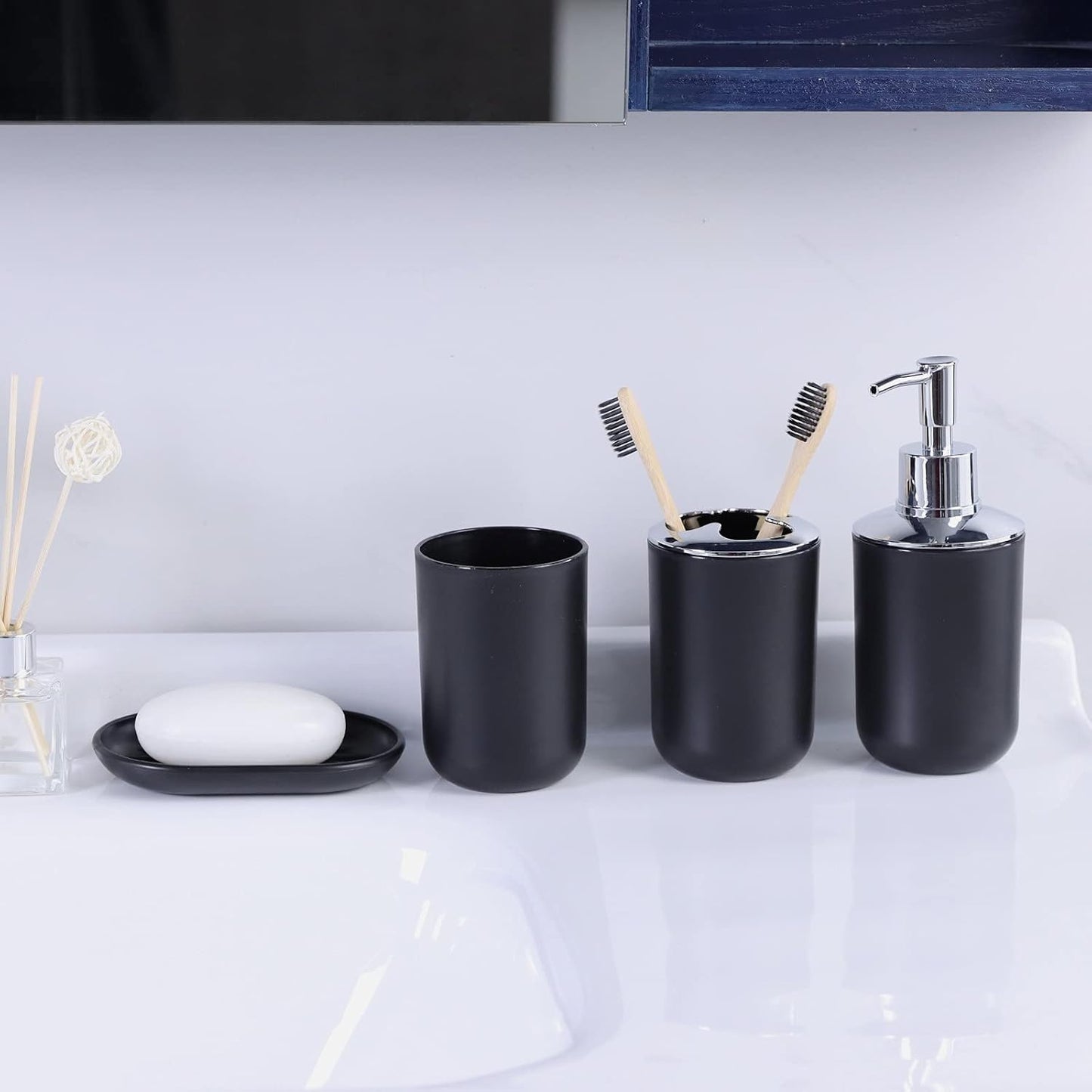 IMAVO Bathroom Accessories Set,Black Bathroom Set,7 Pieces Bathroom Accessory Set,Tray,Toilet Brush,Trash Can for Bathroom Décor and Housewarming Gifts