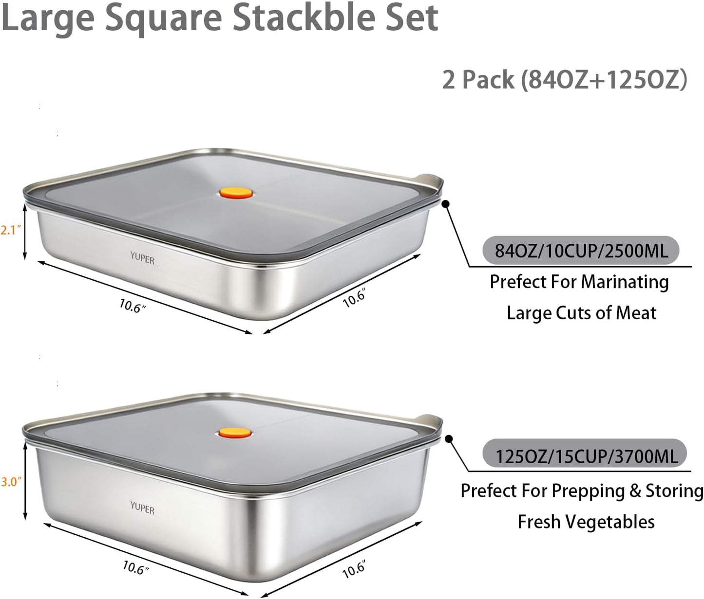 YUPER Stainless Steel Food Containers, Meal Prep Containers, Bacon Cheese Container for Refrigerator, Stainless Steel Containers with Lids Fruit Lunch Storage, 2 Pack (84+125OZ)