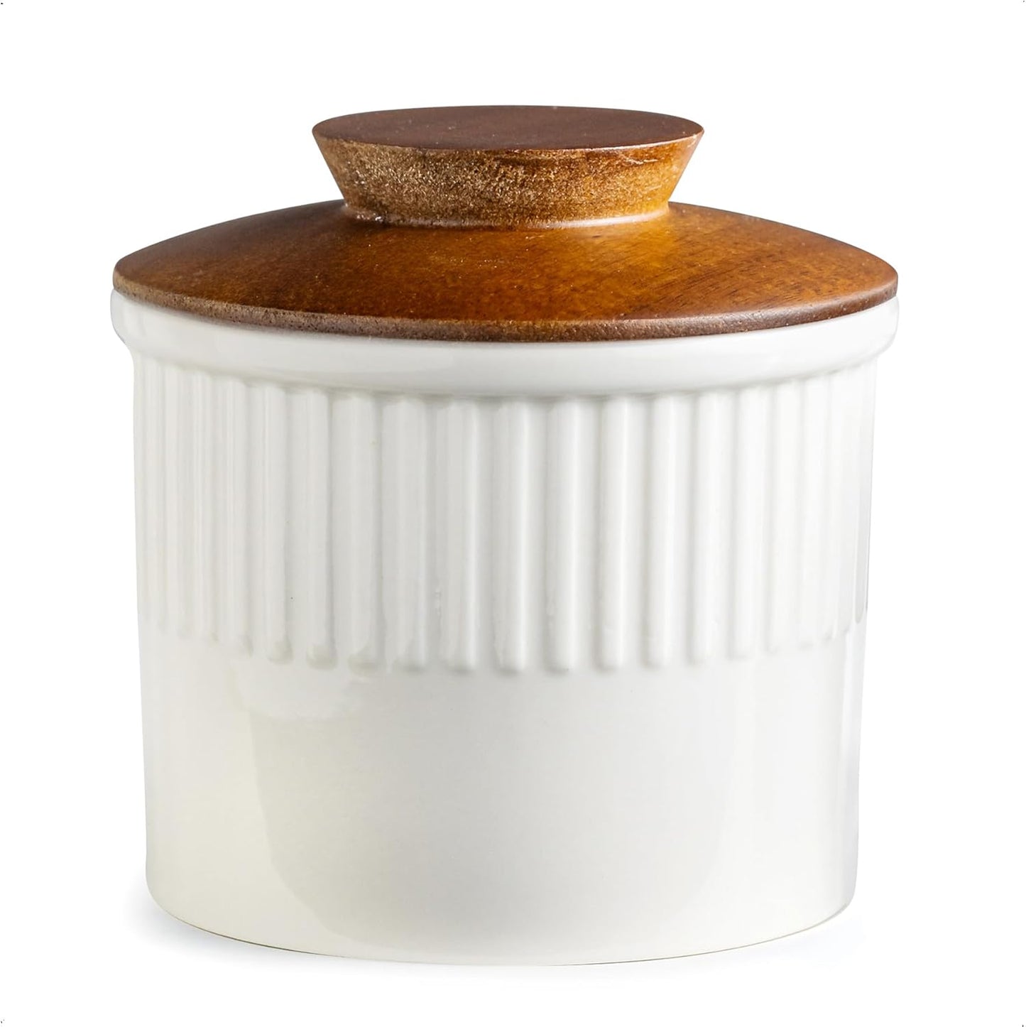 Ceramic Butter Crock, Butter Dish with Lid for Countertop, French Butter Keeper, Classic Stripe Pattern, White