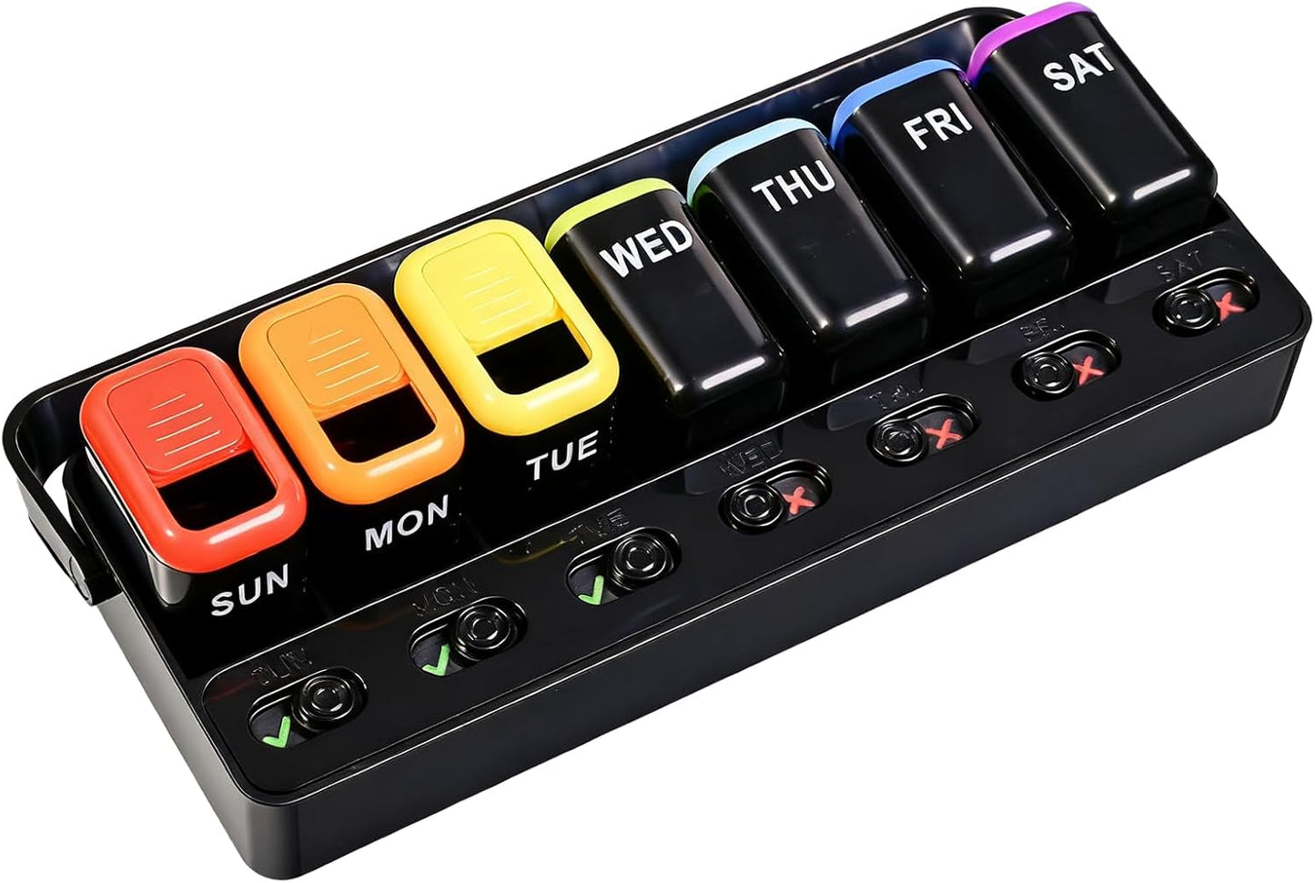 Pill Organizer Easy-Slide Lid, Removable 7 Day 1 Time a Day Pill Box, Large Travel Pill Case, Week Once Daily Medication Dispenser, Pill Container Holder for Supplement, Vitamin, Black