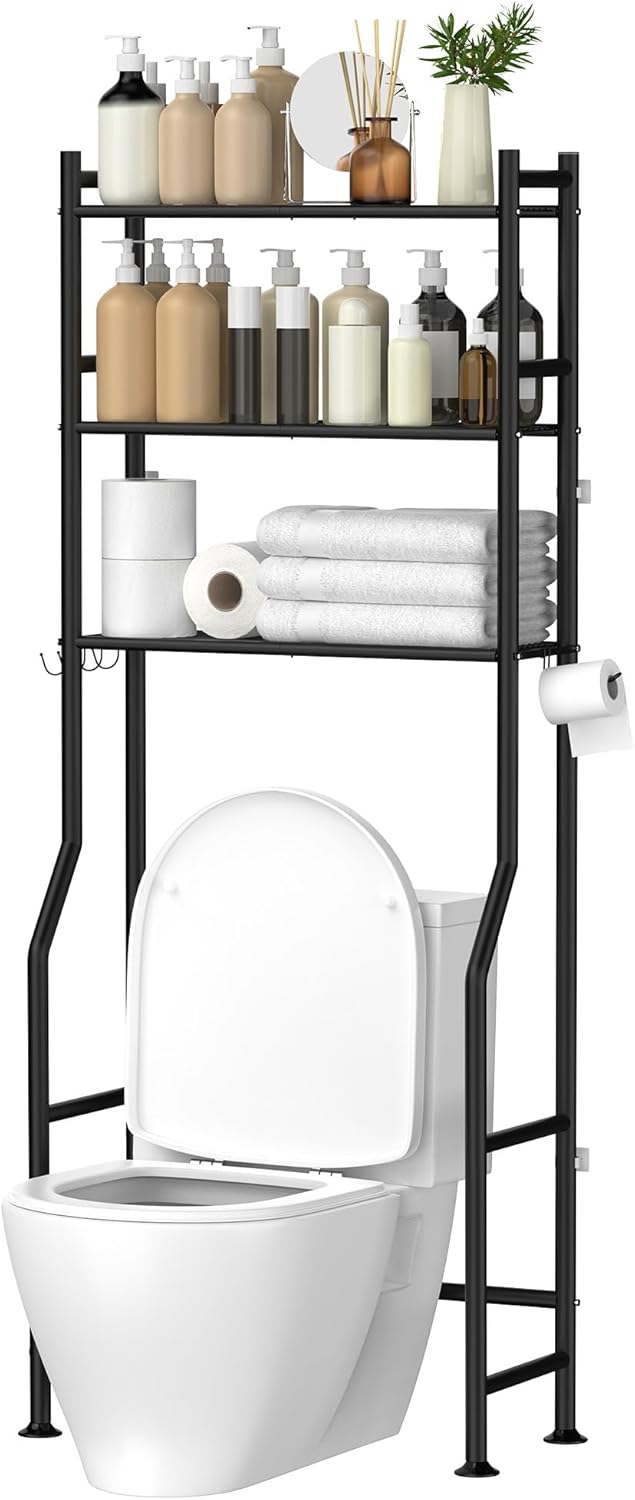 3-Tier Over The Toilet Storage, Space Saver Metal Bathroom Shelves, Freestanding Above Over Toilet Storage Shelf with 4 Hooks for Bathroom, Black