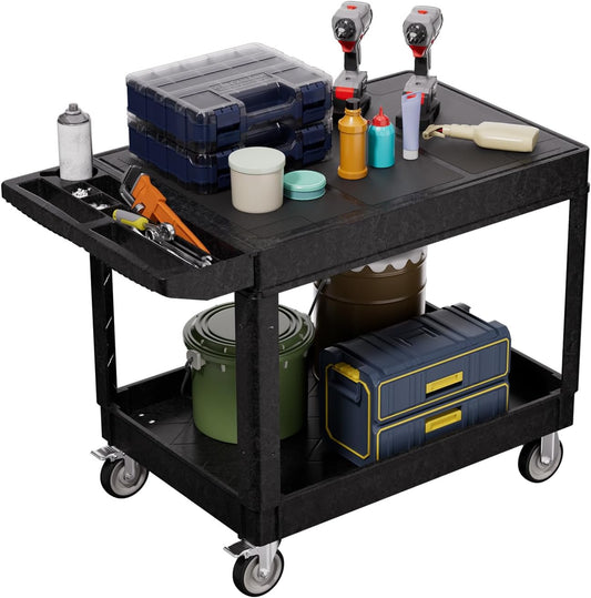 2 Tier Plastic Rolling Utility Cart on Wheels, Heavy Duty Tool Cart with Deep Shelves and 360° Swivel Wheels Holds up to 550 lbs, Service Cart for Garage, Warehouse, Cleaning (Black-L-Flat Top)