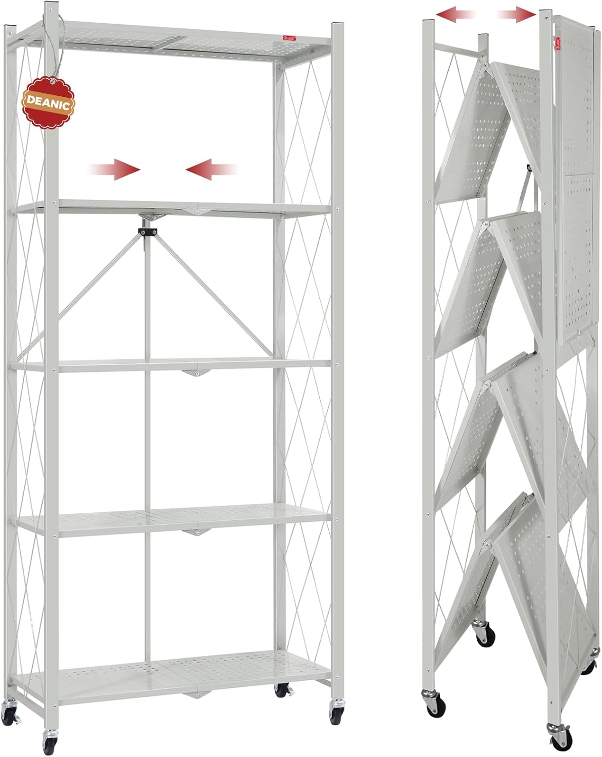 DEANIC 5 Tier Foldable Storage Shelves with Wheels, Large Capacity Shelving Unit, Freestanding Metal Wire Shelf Rack, No Assembly Organizer Rack for Garage Kitchen, Basement, Pantry(Grey)