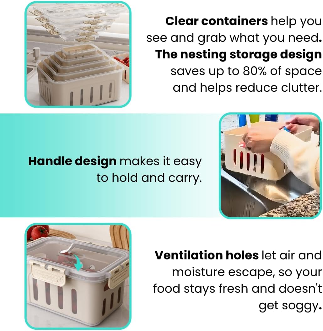 5-Pack Fruit Containers for Fridge Keep Fresh – Airtight Food Containers with Lids, Produce Saver with Removable Colander, Fridge Organizers, Microwave & Dishwasher Safe (White)