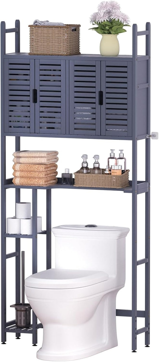 Over The Toilet Storage Cabinet with Paper Holder Stand,Bamboo Bathroom Organizer Shelf with Four Door and Waterproof Feet Pad,Space Saver Rack with Anti-Tip Design (Grey)
