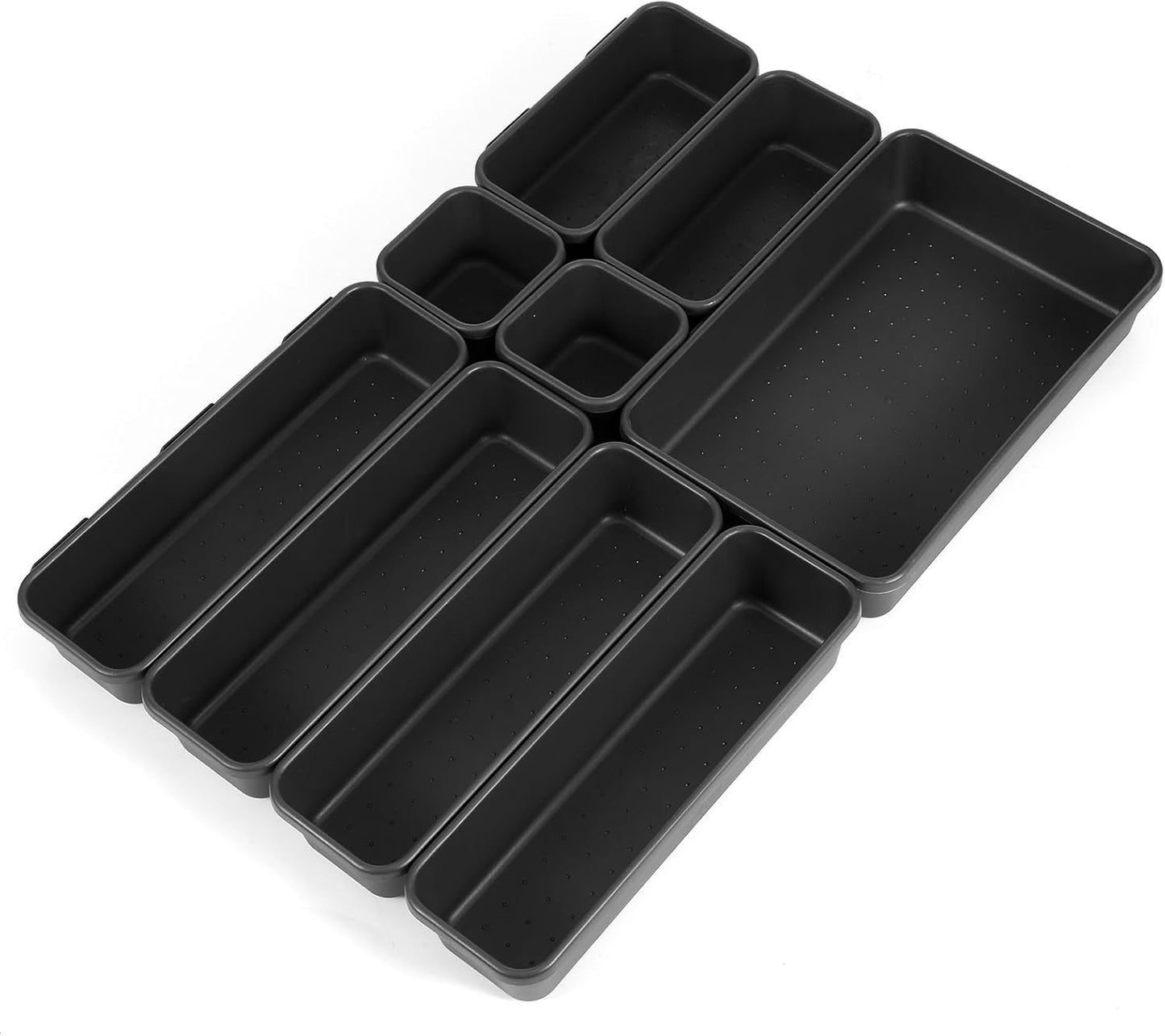 9 Pcs Stackable Drawer Organizer Trays Set, Multifunctional Storage Trays for Vanity, Bathroom, Kitchen, Office, Multi-size Durable Plastic Desk Drawer Organizer Bins, Custom Layout Design