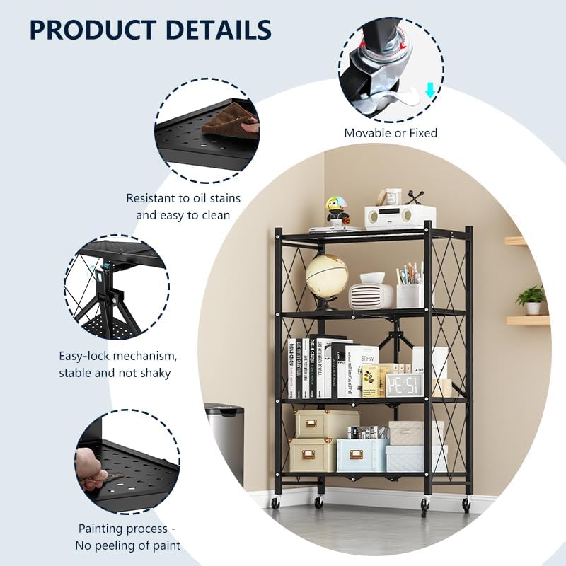 Four-Layer Foldable Storage Metal Shelf with Locking Wheels,Easy Assembly and Move Space-Saving Shelves Organizer Suitable for Kitchen, Pantry and Closet-28.54" L x 14.17" W x 46.06" H