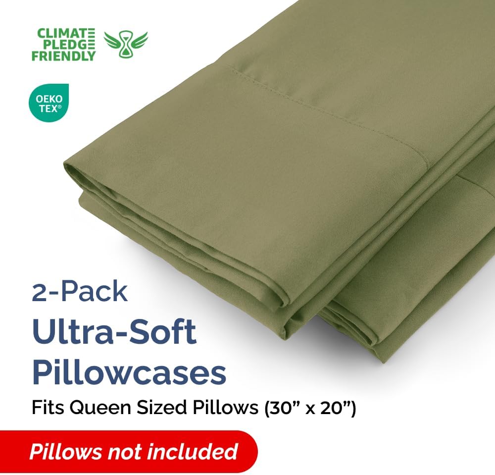 Queen Pillow Cases - 2 Pack - Super Soft Pillowcase Covers - Envelope Enclosure - Hotel Quality Pillow Protectors - Wrinkle Free, Shrink & Stain Resistant - Machine Washable - 20" x 30" (Sage Green)