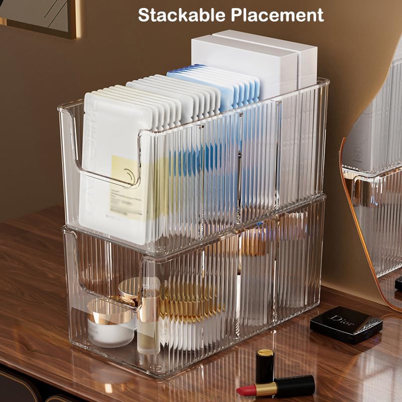 2 Pack Extra Thick Acrylic Makeup Organizer with Removable Dividers - Waterproof Bathroom Storage for Sheet Masks/Essences/Cosmetics, Clear Visible Design, Space-Saving Vanity Organizer