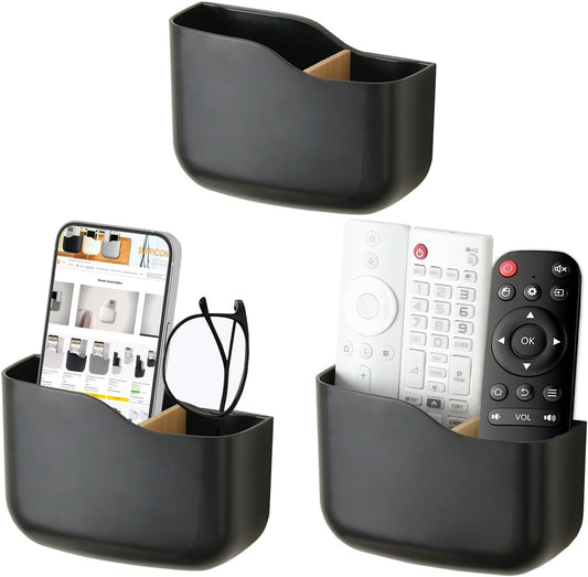 SUNFICON Wall Mount Remote Control Holders 3 Pack Adhesive Media Player Controller Holder Universal TV Remote Organizer Caddy Box Tray Hollow Bottom Phone Charging Home Office Desk Nightstand Black