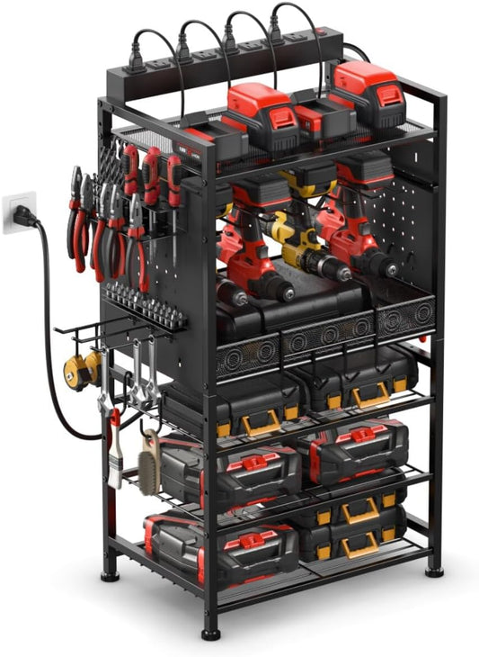 JUNNUJ Power Tool Organizer Floor Stand with Charging Station, Garage Adjustable Storage Rack Utility Tool Shelf with 8 Outlet 10 FT Power Strip, Heavy Duty Drill and Battery Holder
