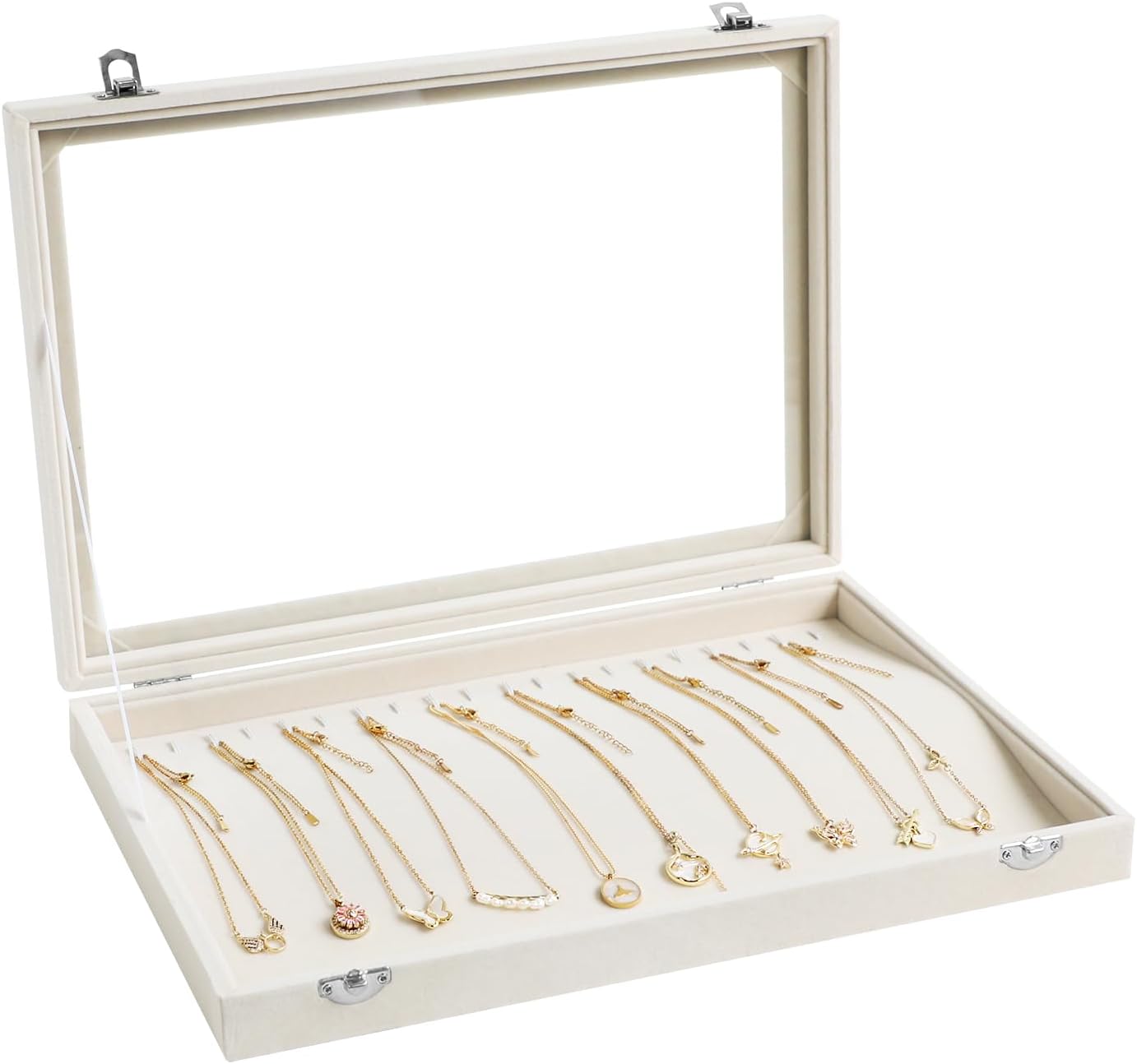 Wudygirl Necklace Organizer with Clear Glass Lid Stackable Jewelry Organizer Tray with 20 Hooks for Necklace Bracelet(Beige Necklace Box)
