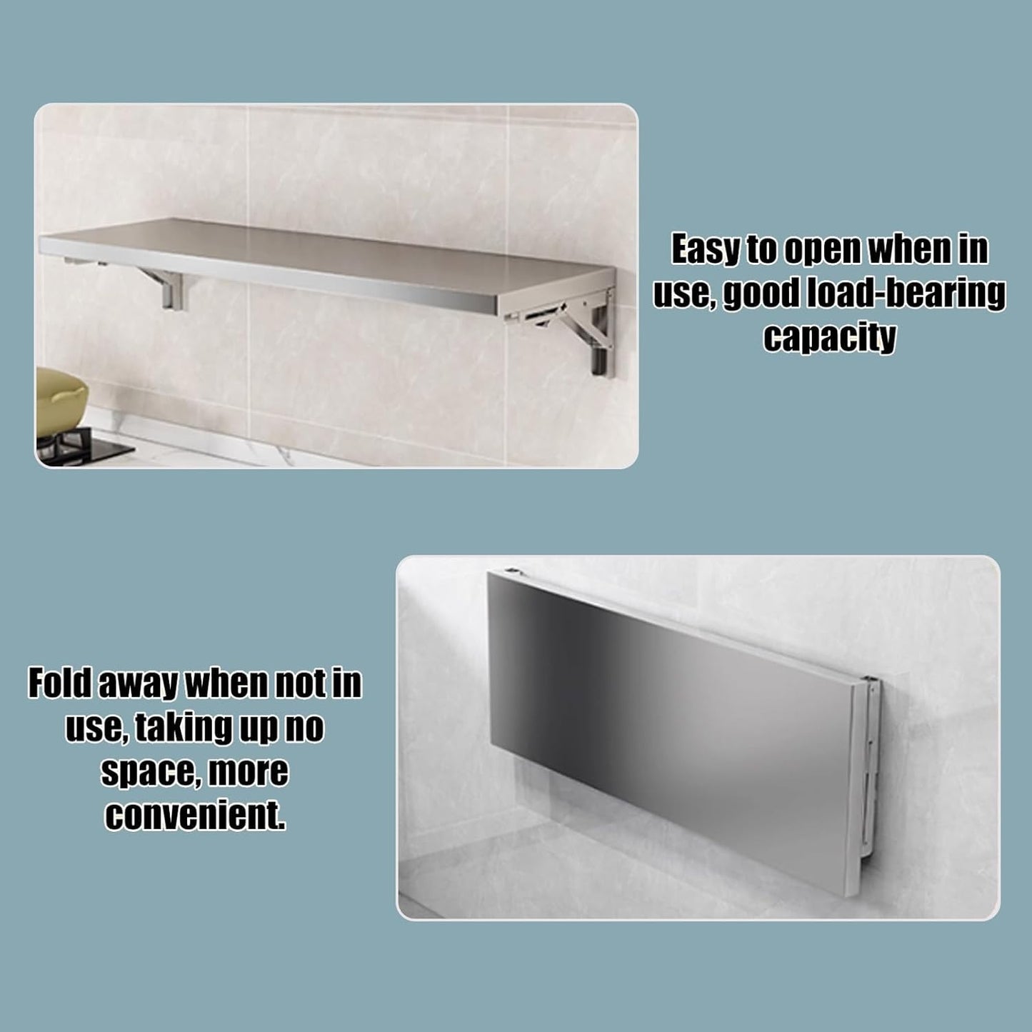 304 stainless steel folding table, wall-mounted folding table, kitchen storage shelf, made of food-grade stainless steel material, suitable for living room, balcony, bathroom, or laundry room.(120*30c