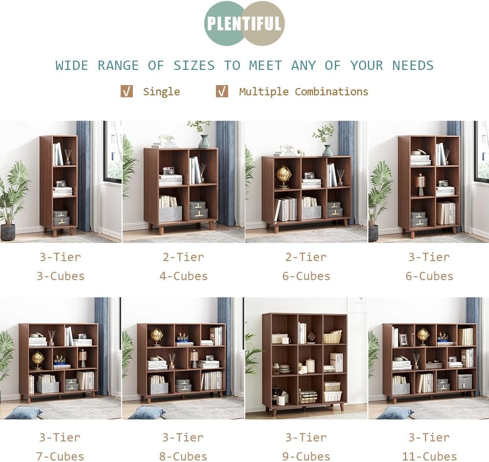 IOTXY Open Cube Low Bookcase - 3-Tier Freestanding Storage Display Cabinet Organizer with Legs for Home Office, 3-Cubes Open Shelf Short Bookshelf, Walnut