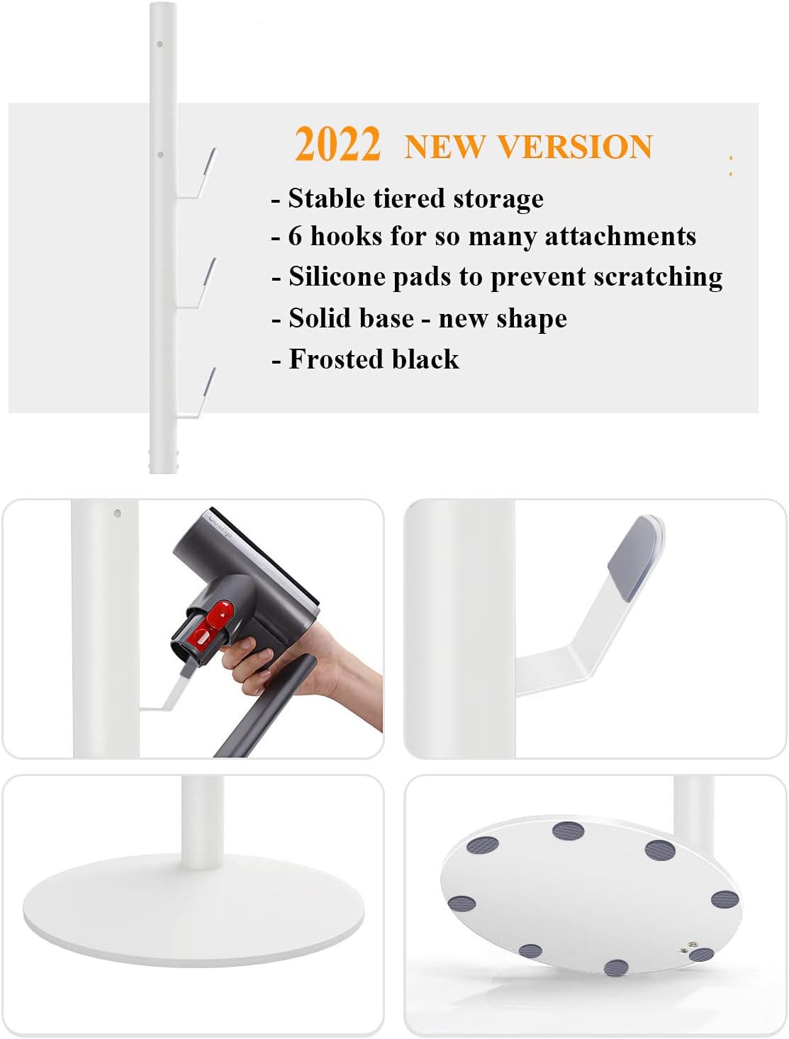 Freestanding Vacuum Stand Holder Compatible with V15 Detect, V11 V10 V8 V7 V6 Cordless Vacuum Cleaners, Floor Docking Station Metal Organizer Bracket with 6 Hooks, White