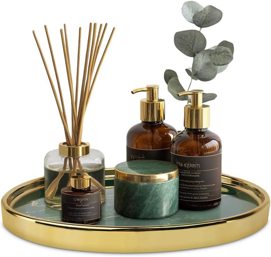 Ceramic Vanity Tray for Bathroom, Jewelry, and Makeup – Decorative Organizer Tray for Countertops, Dresser, or Sink – Elegant Green Round Design, Durable & Stylish Storage Solution