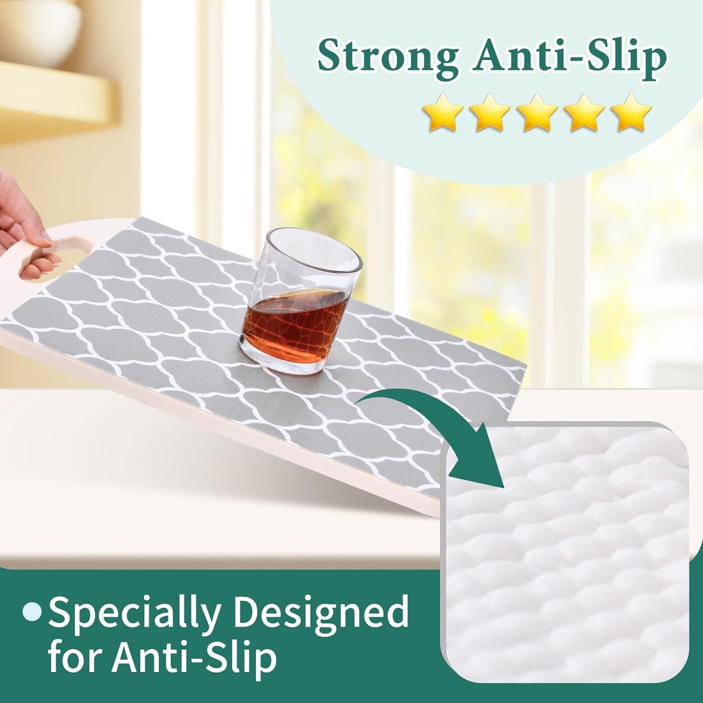 Shelf Liners for Kitchen Cabinets 17.3in x 30FT Non Adhesive Drawer Liner Gray Quatrefoil Thickened Shelf Liner Strong Non-Slip Easy to Clean for Tool Box Refrigerator with Knife and Tape Measure