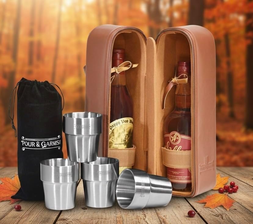 POUR & GARNISH Bourbon, Whiskey & Wine Double Bottle Travel Bag – Vegan Leather Spirits Carrier with 4 Stainless Steel Insulated Glasses & Gift Pouch – Luxury Barware Gift