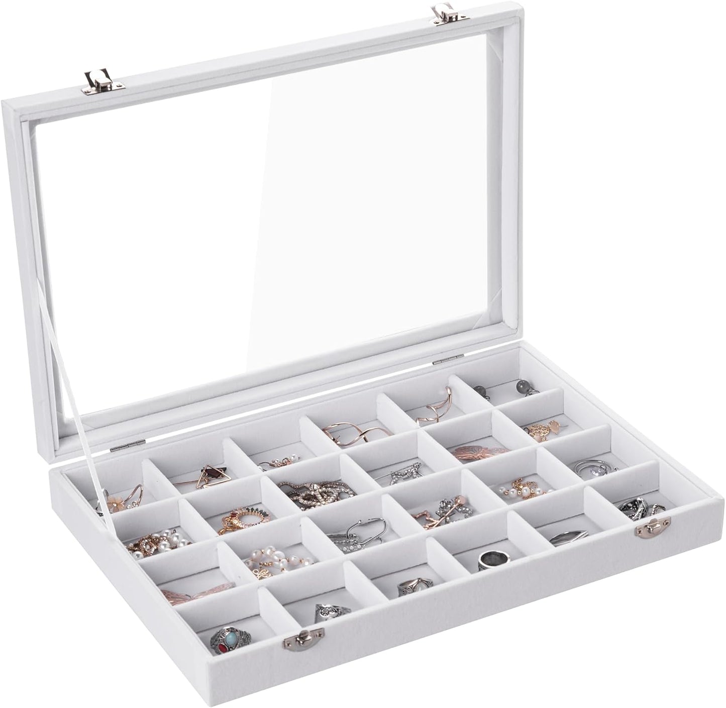 Frebeauty Velvet Jewelry Tray,24 Grid Jewelry Organizer with Clear Lid,Earring Holder Organizer with Clasp,Drawer Insert Rings Pendants Brooches,13.8 x 9.5 x 2 Inches,Gift for Women Girls(White)