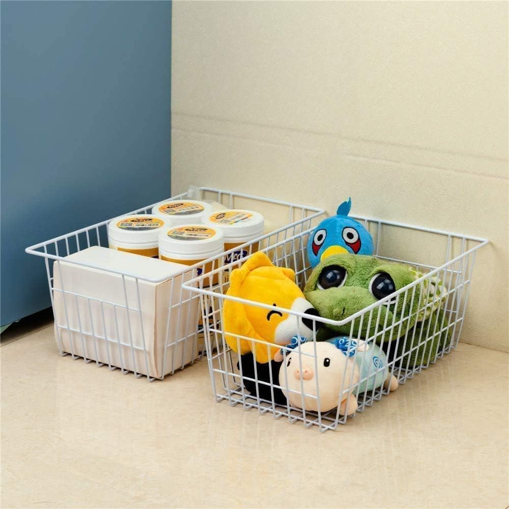 Freezer Wire Storage Organizer Bin Baskets with Handles, Metal Wire Baskets Storage for Organizing Fridge, Closets, Pantry, Kitchen, Garage, Bathroom, White - 4 Pack