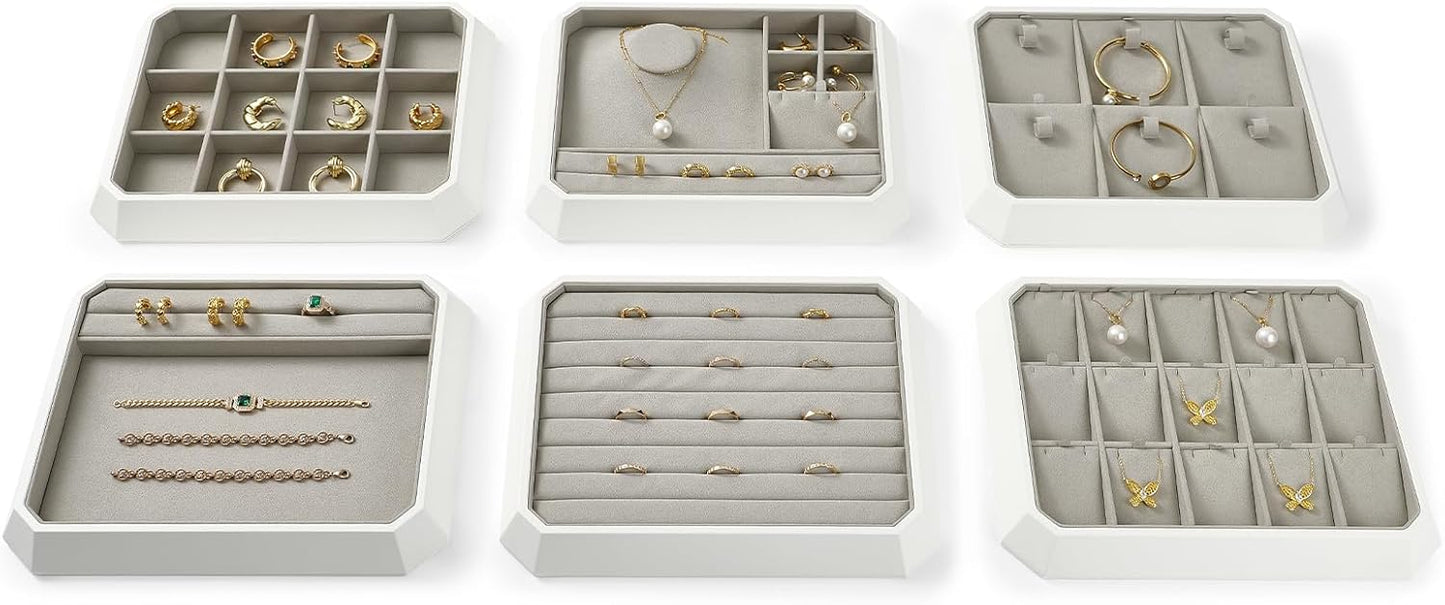 Premium PU Leather Stackable Jewelry Ring Display Tray Ring Earring Display Holder Organizer Showcase(Grey)
