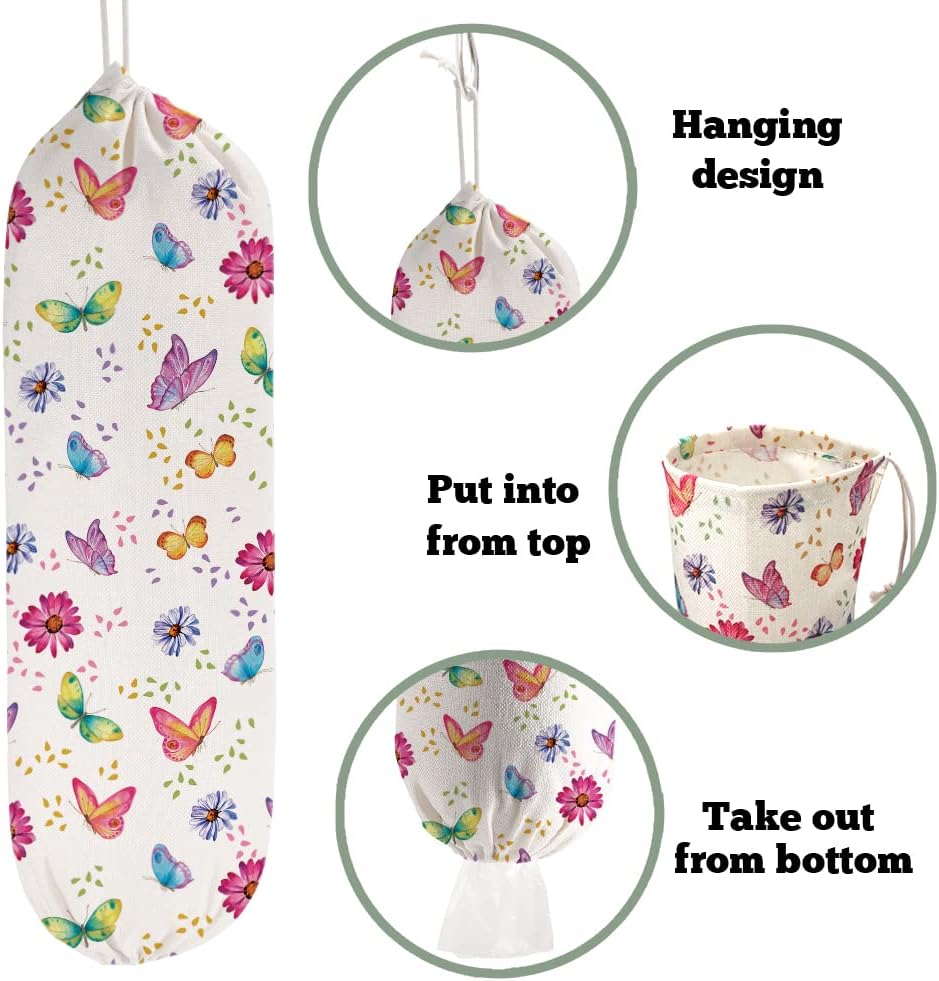 2PCS Butterfly Plastic Bag Holder for Kitchen Essentials, Reusable Hanging Grocery Bag Organizer, Washable Large Grocery Trash Garbage Bags Storage Dispenser Butterfly Kitchen Decor