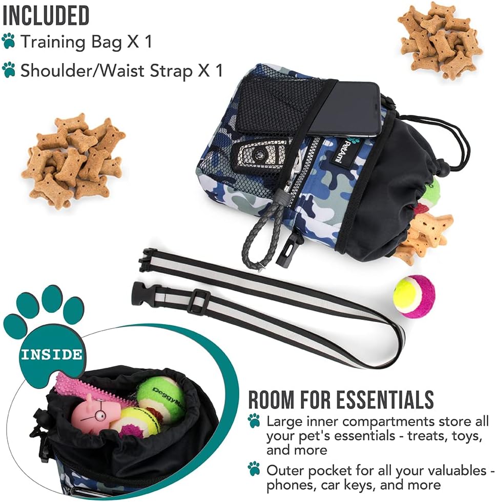 PetAmi Dog Treat Pouch, Pet Treat Pouch for Training, Dog Walking Bag Holder for Kibbles, Pet Food Toy, Dog Trainer Essentials Supplies, Poop Bag Dispenser, 3 Ways to Wear (Camo Blue)