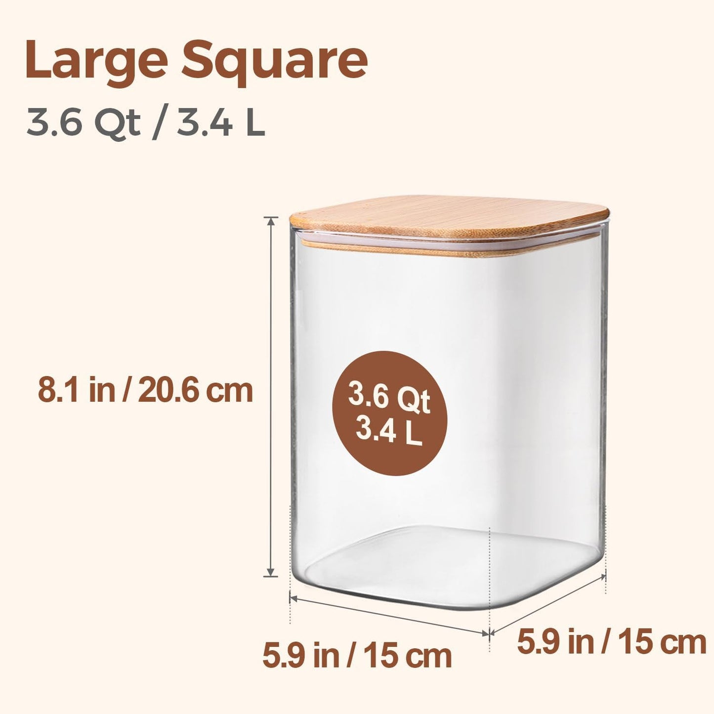 ComSaf 3.6Qt Glass Food Storage Containers, Cereal Storage Containers with Airtight Lids, Large Square Glass Jars with Bamboo Lids, for Rice, Pasta, Oats, Grains, Coffee Beans