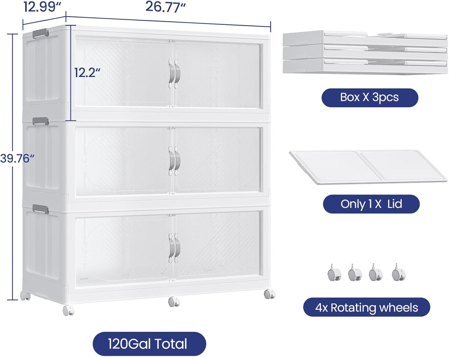360QT Extra Large Stackable Storage Bins with Lid & Wheels & Doors, 90Gal Foldable Collapsible Closet Organizers, Plastic Cabinet Box Container Drawer for Home Kitchen Bedroom, 3Pack White